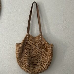 Summer Tan Woven Tote Bag with two straps. Zipper closure.  Perfect beach bag.